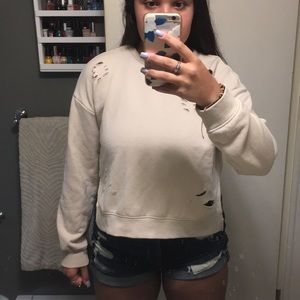 Side-Slit ripped up Crop Crew Neck Sweater